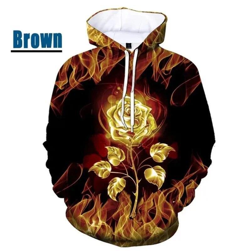 Fire Rose Graphic Print Hoodie Mens Sweatshirt Top Long Sleeve