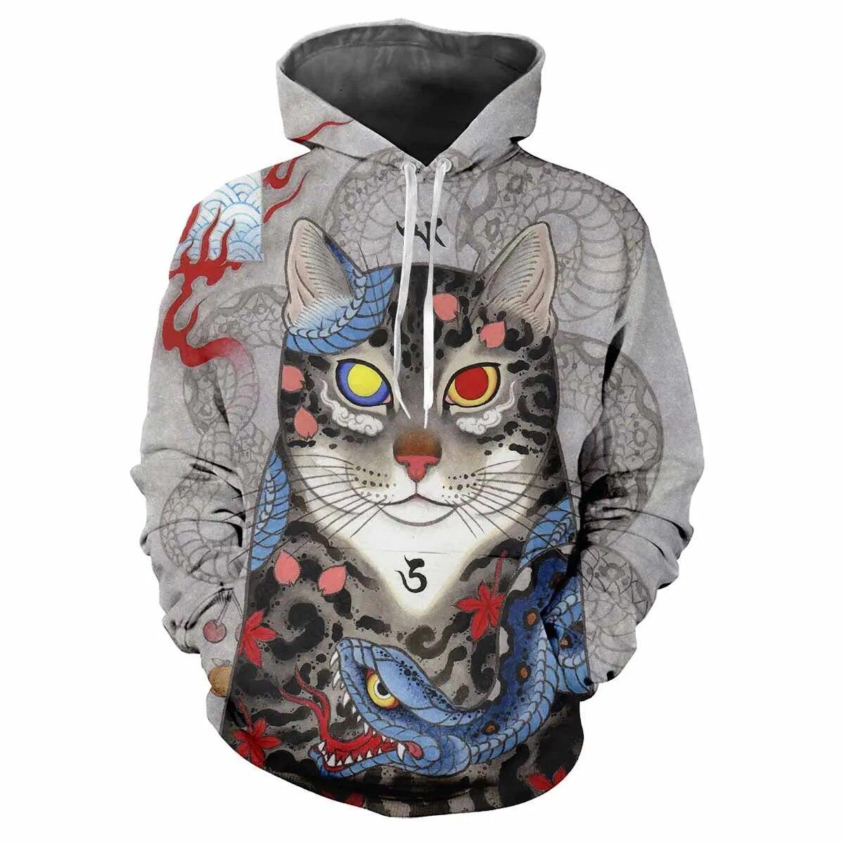 Cute Cat Graphic Print Hoodie Mens Sweatshirt Top Long Sleeve
