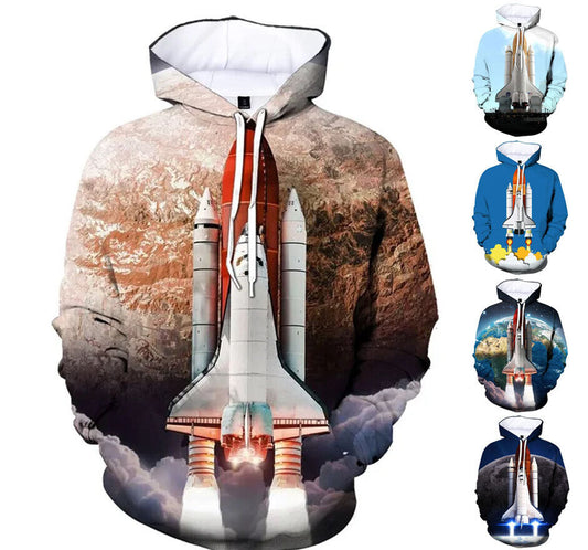 Space Shuttle Rocket Graphic Print Hoodie Mens Sweatshirt Top