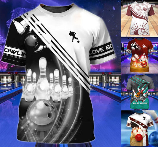 Ten Pin Bowling Design Graphic Print T-shirt Mens Short Sleeve Tee Top