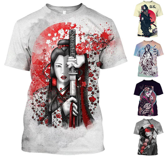 Japanese Geisha Samurai Graphic Print T-shirt Mens Short Sleeve Tee