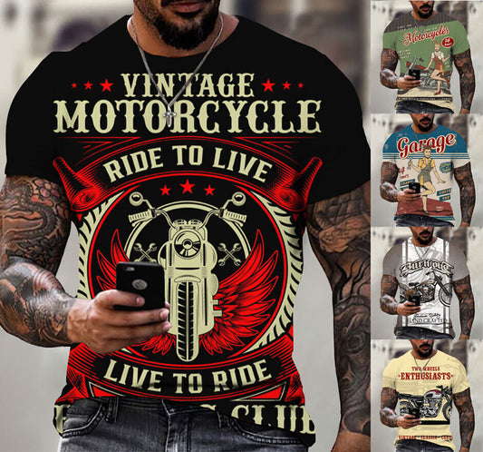 Vintage Motorcycle Design Graphic T-shirt Mens Print Short Sleeve Tee 