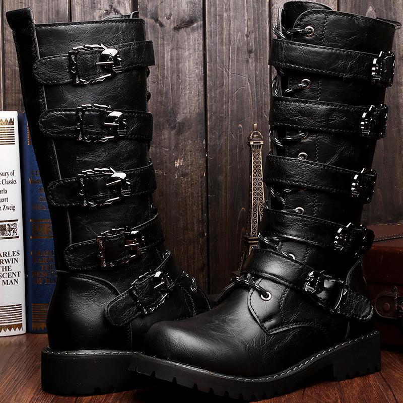 Mens Motorcycle Biker Leather Boots Mid Calf Buckle Boots Gothic Punk Sizes 4-11