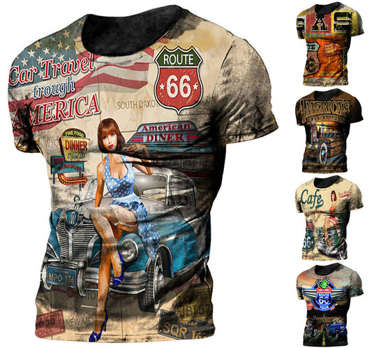 America Nostalgia Graphic Print T-shirt Mens Short Sleeve Tee Top
