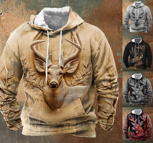 Deer Stag Graphic Print Hoodie Mens Sweatshirt Top Long Sleeve