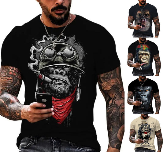 Gorilla Biker Graphic Print T-shirt Mens Short Sleeve Tee Top O Neck