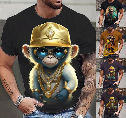 Hip Hop Monkey Graphic Print T-shirt Mens Short Sleeve Tee Top O Neck