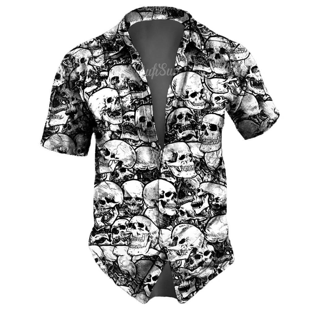 Mens Skull Skeleton Design Shirt Short Sleeve Casual Collared Button