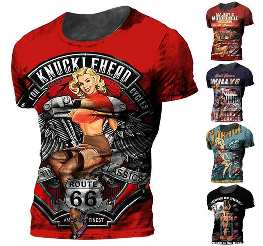 Motorcycle Racing Girl Graphic Print T-shirt Mens Short Sleeve Tee Top