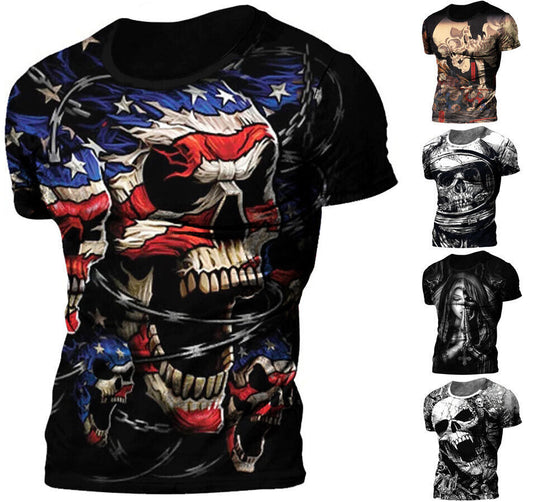 Skull Gothic Biker Graphic Print T-shirt Mens Short Sleeve Tee Top