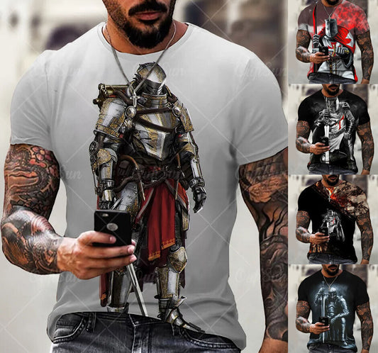 Crusader Warrior Graphic Print T-shirt Mens Short Sleeve Tee Top O Neck