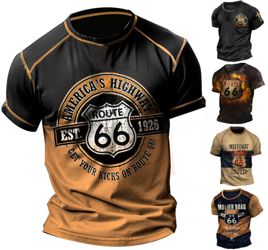 American Route 66 Graphic Print T-shirt Mens Short Sleeve Tee Top