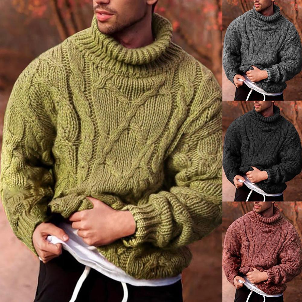 Mens Sweater Jumper Knitted Turtleneck High Collar Twist Braid Size S-XL