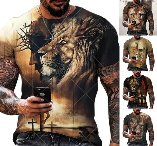 Jesus Christ Lion Graphic Print T-shirt Mens Short Sleeve Tee Top