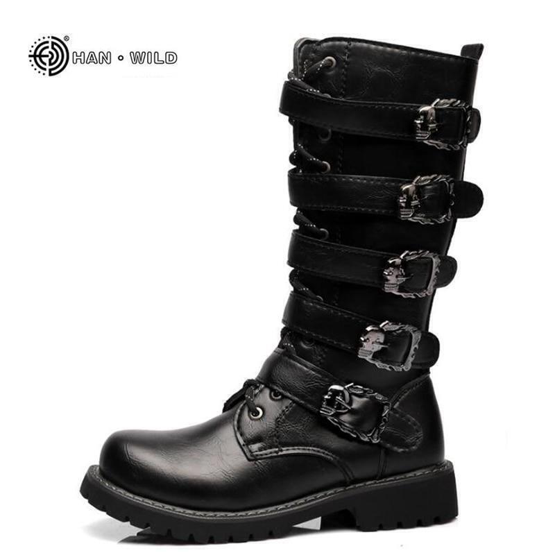 Mens Leather Motorcycle Biker Boots Mid-Calf High Top Rock Punk Shoes Sizes 4-13