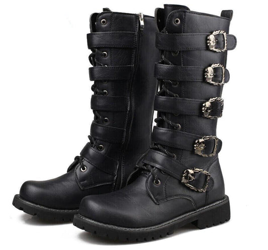 Mens Motorcycle Biker Leather Boots Mid Calf Buckle Boots Gothic Punk Sizes 4-11