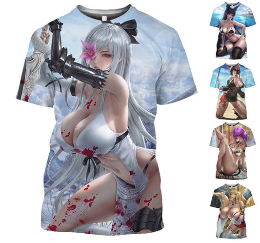Anime Girls Graphic Print T-shirt Mens Short Sleeve Tee Top O Neck