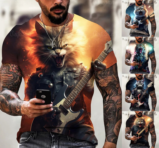 Wild Cat Guitar Graphic Print T-shirt Mens Short Sleeve Tee Top O Neck
