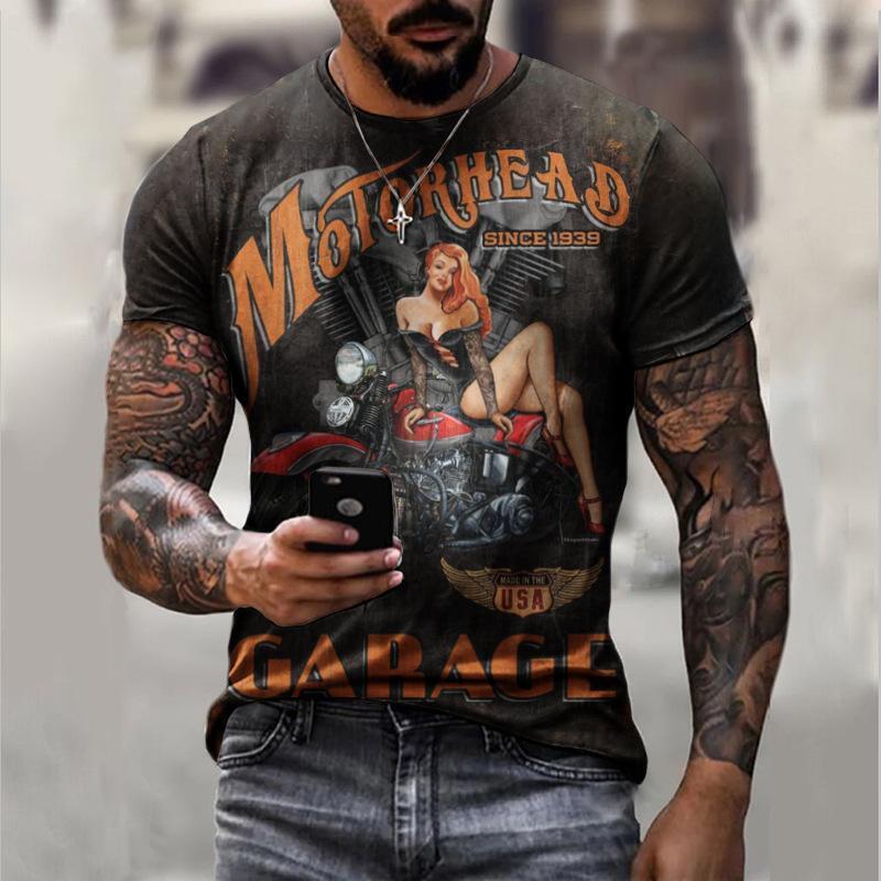 Retro Style Biker Graphic Print T-shirt Mens Short Sleeve Tee Top