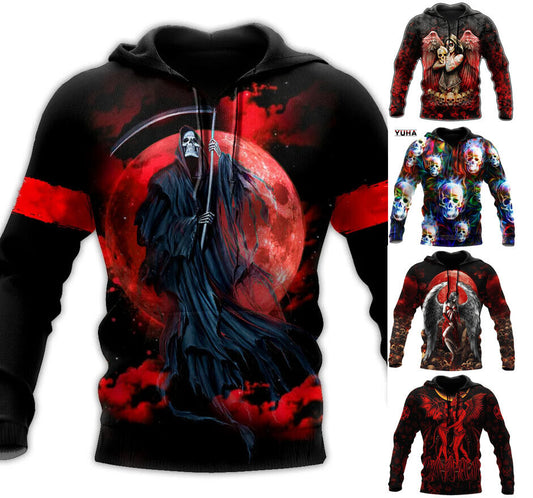 Dark Gothic Skull Graphic Print Hoodie Mens Sweatshirt Top Long Sleeve