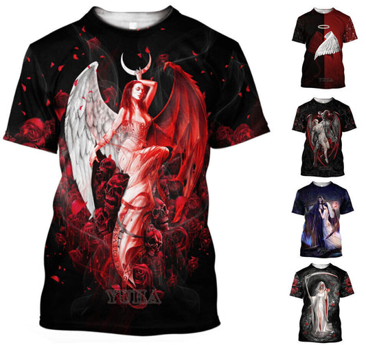 Angels Demons Graphic Print T-shirt Mens Short Sleeve Tee Top O Neck