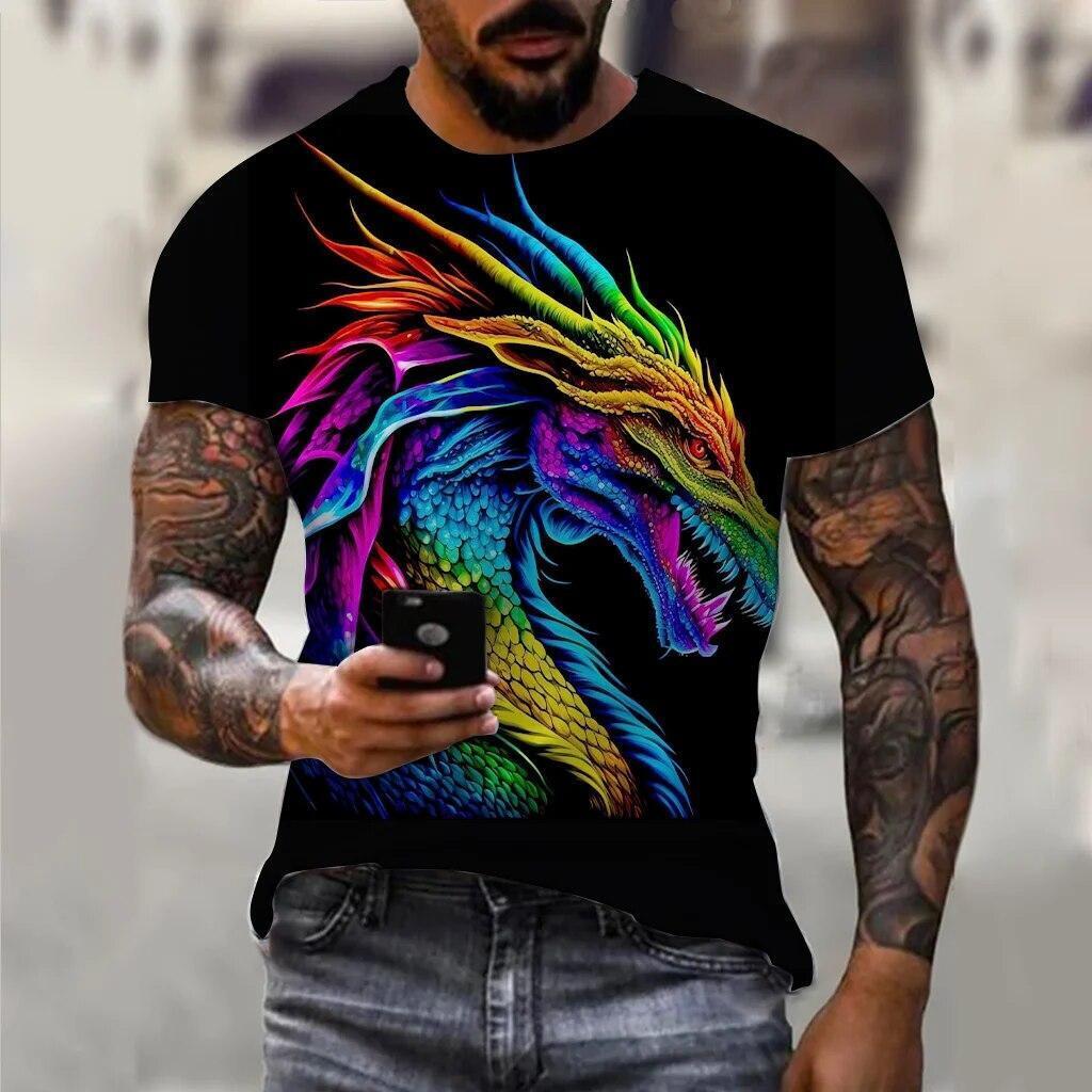 Wild Dragon Graphic Print T-shirt Mens Short Sleeve Tee Top O Neck