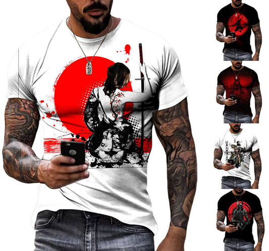 Japanese Samurai Graphic Print T-shirt Mens Short Sleeve Tee Top
