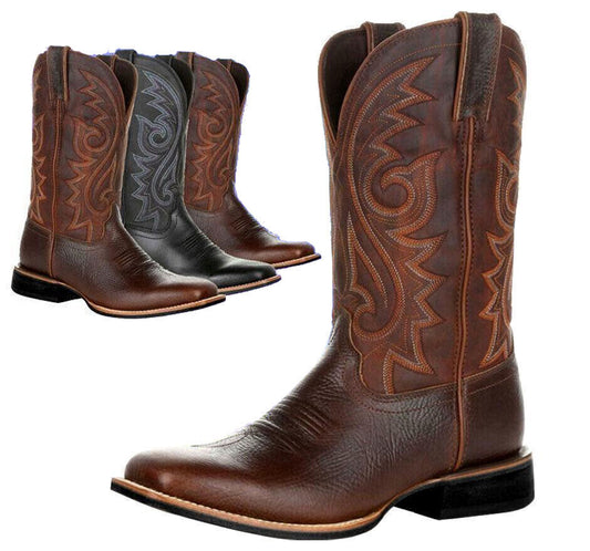 Mens Leather Cowboy Boots Mid Calf Retro Square Toe Chunky Heels Sizes 5-13