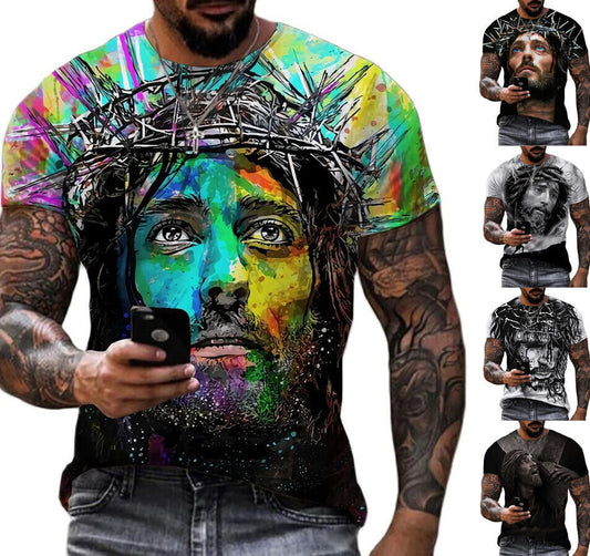Jesus Christ Graphic Print T-shirt Mens Short Sleeve Tee Top O Neck