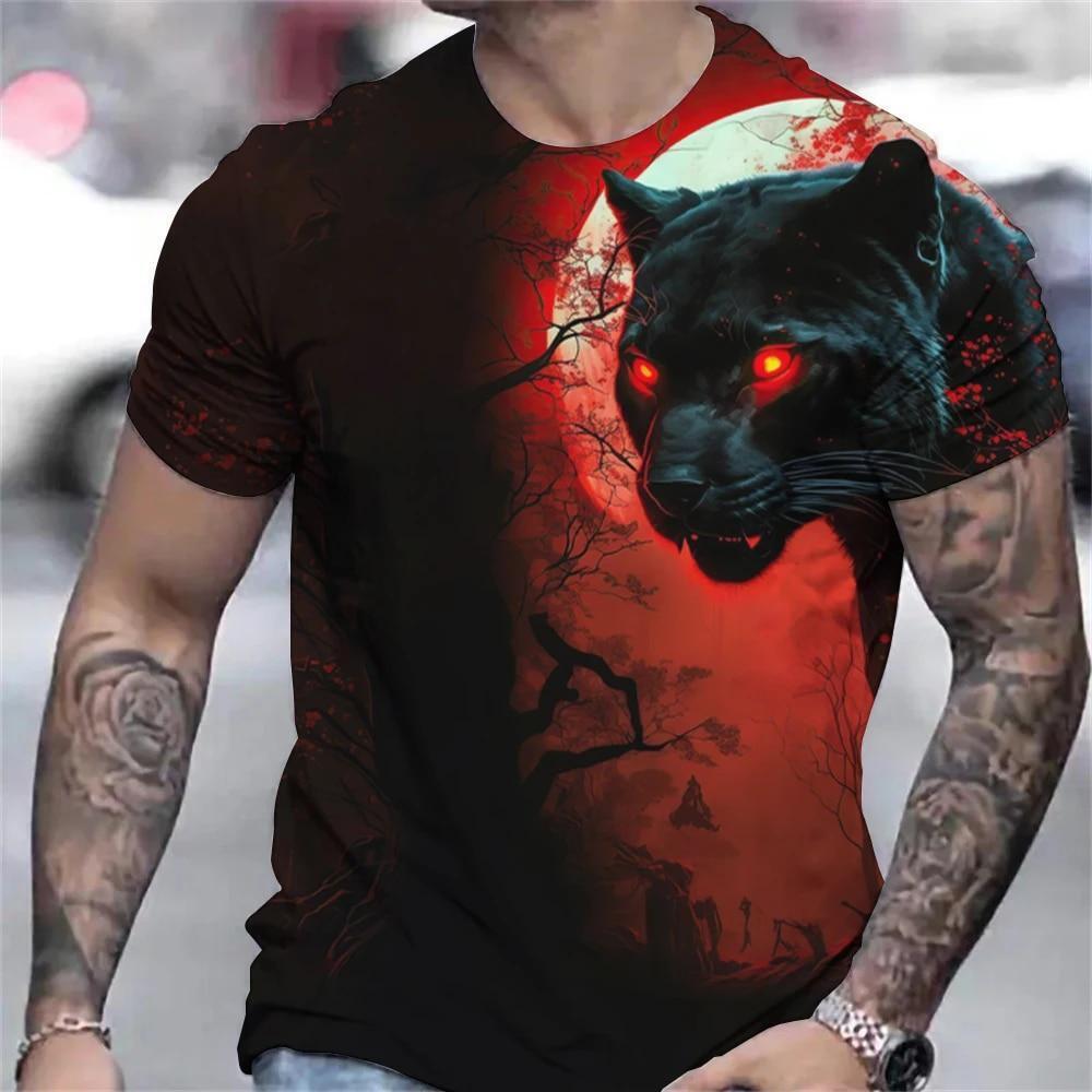 Panther Leopard Graphic Print T-shirt Mens Short Sleeve Tee Top O Neck