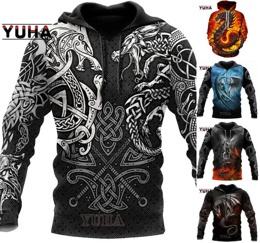 Dragon Serpent Graphic Print Hoodie Mens Sweatshirt Top Long Sleeve
