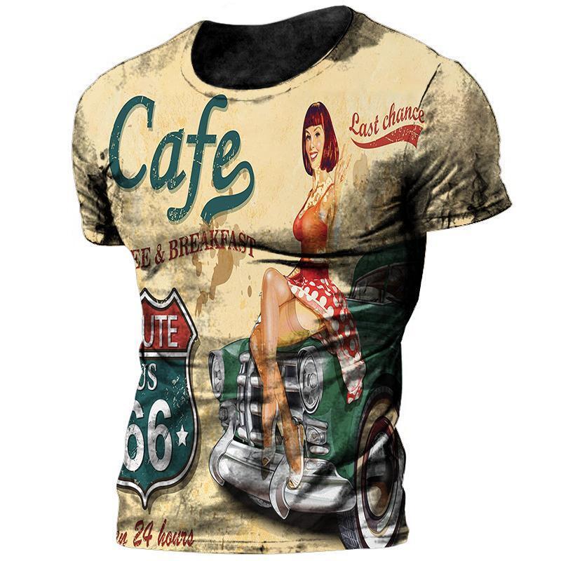 Route 66 Vintage Style Graphic Print T-shirt Mens Short Sleeve Tee Top