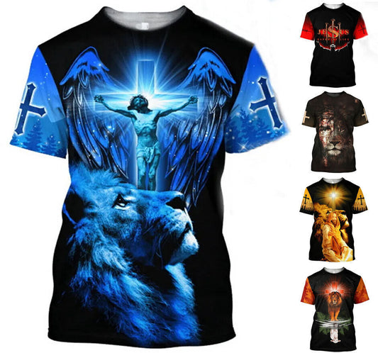 Lion Jesus Christ Graphic Print T-shirt Mens Short Sleeve Tee Top
