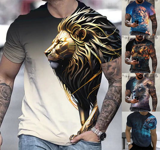 Wild Cat Lion Graphic Print T-shirt Mens Short Sleeve Tee Top O Neck
