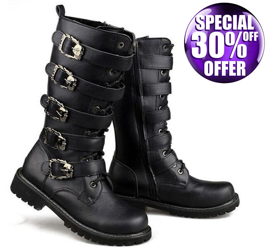 Mens Leather Motorcycle Biker Boots Mid-Calf High Top Rock Punk Shoes Sizes 4-13