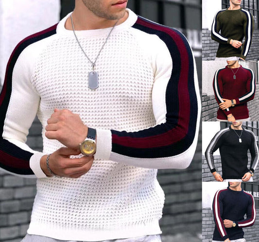 Mens Casual Pullover Sweater Waffle Print Top Round-Neck Size M-3XL