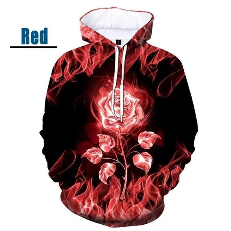 Fire Rose Graphic Print Hoodie Mens Sweatshirt Top Long Sleeve
